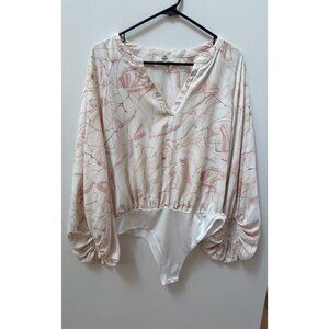 Entro Womens Floral Long Sleeve Bodysuit Top L White & Pink Polyester
